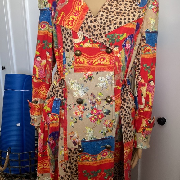 Women’s Simon Chang Sz10 Maxi coat-multicolored Asian print. Belted w/pockets. - Picture 6 of 10